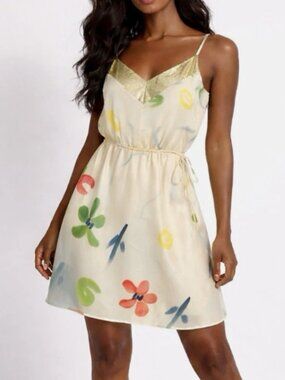 Meghan LA Ivory Silk Floral Mini Dress Gold V-Neck Size 4/S
